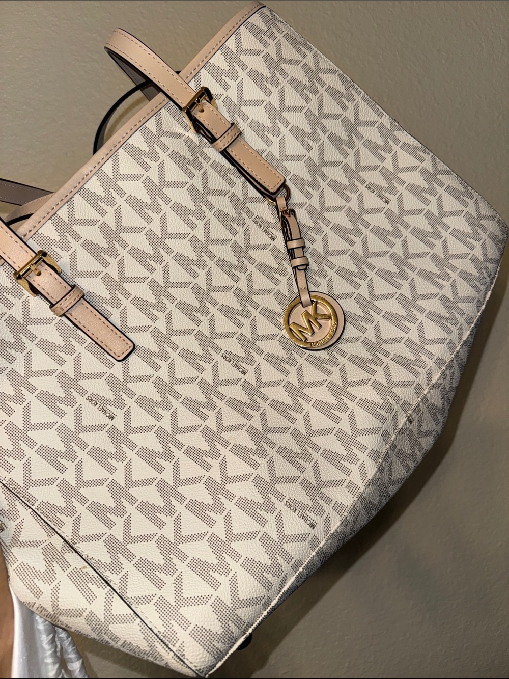 Michael Kors Beige/Light Brown MK Logo Tote with Gold Charm